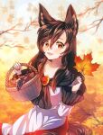  1girl absurdres animal_ears autumn autumn_leaves bangs brown_hair dress dungeon_toaster eyebrows_visible_through_hair fang food fruit gem grapes hair_between_eyes hands_up highres huge_filesize imaizumi_kagerou jewelry leaf long_hair long_sleeves looking_at_viewer maple_leaf mushroom open_mouth orange_eyes red_dress red_nails shadow smile solo tail touhou tree white_dress white_sleeves wide_sleeves wolf_ears wolf_tail 