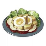  apple artist_request commentary egg english_commentary food food_focus fruit genshin_impact lettuce lowres muted_color no_humans official_art plate potato salad still_life third-party_source transparent_background 