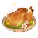  artist_request bell_pepper chicken_(food) commentary english_commentary flower food food_focus fruit genshin_impact lemon lowres no_humans official_art peas pepper plate sparkle still_life third-party_source transparent_background white_flower 