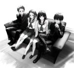  2boys 2girls artist_logo bangs brown_eyes chitanda_eru collarbone fukube_satoshi gakuran hair_between_eyes hand_up highres hyouka ibara_mayaka jacket kneehighs loafers long_hair looking_at_viewer mery_(yangmalgage) multiple_boys multiple_girls neckerchief oreki_houtarou pants pleated_skirt red_eyes sailor_collar school_uniform serafuku shirt shoes short_hair sitting skirt spot_color violet_eyes 