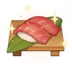  artist_request commentary english_commentary fish food food_focus genshin_impact leaf lowres no_humans official_art rice shiny sparkle still_life sushi third-party_source transparent_background tuna wood 