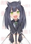  1girl animal_ears binsen black_hair blue_archive commentary_request green_eyes hair_between_eyes hair_ornament highres long_hair looking_at_viewer open_mouth shun_(blue_archive) simple_background sitting solo thigh-highs translation_request twintails white_background white_legwear 