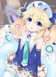  1girl ? ajitarou_(setsu) bare_shoulders blonde_hair blue_eyes blush book breasts choujigen_game_neptune confused detached_sleeves dress eyebrows_visible_through_hair hair_ornament hat highres histoire long_hair neptune_(series) open_mouth sitting solo thigh-highs very_long_hair wings 