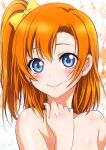  1girl absurdres argyle argyle_background bangs blue_eyes blush bow brown_hair closed_mouth collarbone eyebrows_visible_through_hair hair_between_eyes hair_bow high_ponytail highres kousaka_honoka long_hair looking_at_viewer love_live! love_live!_school_idol_project nanno_koto nude page_number portrait shiny shiny_hair shiny_skin side_ponytail smile solo yellow_bow 
