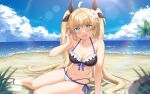  1girl absurdres beach bikini blonde_hair blue_eyes blush breasts character_request clouds copyright_request highres large_breasts miunakun open_mouth palm_tree sand sitting sky smile solo swimsuit tree twintails water 