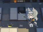  1girl animal_ears arknights armband armored_boots blue_eyes blue_jacket blue_pants boots brown_shirt chibi commentary dork_(_dorku) english_commentary game_screenshot_background gameplay_mechanics grani_(arknights) grey_hair grey_legwear hair_between_eyes hip_vent holding holding_polearm holding_spear holding_weapon horse_ears horse_girl horse_tail jacket long_hair notice_lines open_clothes open_jacket originium_slug_(arknights) pants pigeon-toed polearm ponytail shirt spear sweat tail triangle_mouth visor visor_lift weapon wide-eyed 