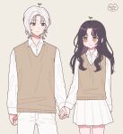  1boy 1girl artist_name bangs black_hair blue_eyes blush brown_eyes brown_sweater_vest collared_shirt highres holding_hands long_hair long_sleeves nokanok original pants pleated_skirt shadow shirt short_hair simple_background skirt smile tan_background white_hair white_pants white_shirt white_skirt 