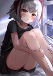  1girl :o absurdres arknights black_shirt blurry blush bokeh collarbone commentary_request demon_horns depth_of_field gradient_eyes grey_hair highres horns knees_up light_brown_hair looking_at_viewer multicolored multicolored_eyes night on_bed re_iria0613 red_eyes red_nails shirt short_hair sitting solo thighs v-shaped_eyebrows w_(arknights) window yellow_eyes 
