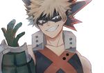  1boy bakugou_katsuki bangs bare_shoulders black_shirt blonde_hair boku_no_hero_academia collarbone commentary_request eye_mask gloves green_gloves grin hand_up highres looking_at_viewer male_focus noizu_(noi_hr) portrait red_eyes red_shirt shirt simple_background smile solo spiky_hair teeth upper_body white_background 