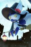  absurdres bangs black_headwear broom broom_riding closed_mouth colored_sclera commentary_request from_below gen_6_pokemon hat highres looking_at_viewer looking_down meowstic meowstic_(female) no_humans pokemon pokemon_(creature) purobe red_eyes sitting solo witch_hat yellow_sclera 