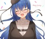  1girl blue_hair blush breasts closed_eyes confetti dated ear_piercing eyebrows_visible_through_hair facing_viewer glasses happy_birthday large_breasts long_hair nijisanji open_mouth piercing round_eyewear smile solo tyoko_tanuki16 upper_body virtual_youtuber yamagami_karuta 