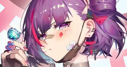  1girl bandaid bandaid_on_nose bangs between_fingers blush candy character_name choker earrings eyebrows_visible_through_hair fingerless_gloves food gloves hand_up heart heart-shaped_pupils highres holding holding_candy holding_food jewelry lollipop mask mincho mouth_mask multicolored_hair nail_polish one_side_up pout purple_nails short_hair solo streaked_hair symbol-shaped_pupils tenjin_kotone tenjin_kotone_(channel) torii_earrings two-tone_hair violet_eyes virtual_youtuber 