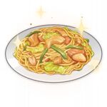  artist_request beans chicken_(food) commentary english_commentary food food_focus genshin_impact lowres no_humans noodles official_art plate sparkle still_life third-party_source transparent_background yakisoba 