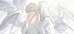  1boy 1girl angel angel_wings blonde_hair closed_eyes collarbone commentary_request covered_mouth covering_mouth feathered_wings hand_over_own_mouth highres long_hair long_sleeves looking_at_viewer nanaponi original shirt short_hair upper_body white_background white_hair white_shirt wings yellow_eyes 