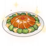 artist_request broccoli commentary english_commentary food food_focus genshin_impact lowres no_humans official_art plate shiny sparkle still_life third-party_source transparent_background 