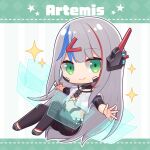  1girl android artemis_rs08 black_pants blue_hair character_name chibi closed_mouth commentary_request crop_top full_body glowing green_eyes grey_footwear grey_hair hair_ornament hairclip headgear hitsuki_rei holographic_monitor indie_virtual_youtuber joints layered_sleeves long_hair long_sleeves multicolored_hair navel pants redhead robot_joints shirt shoes short_over_long_sleeves short_sleeves smile solo sparkle star_(symbol) streaked_hair striped striped_background vertical_stripes very_long_hair virtual_youtuber white_shirt 