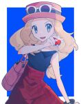  1girl absurdres asagiri_kogen bag black_shirt blonde_hair bracelet commentary eyelashes eyewear_on_headwear grey_eyes hand_up handbag hat high-waist_skirt highres holding holding_poke_ball jewelry long_hair looking_at_viewer open_mouth pink_bag pink_headwear poke_ball poke_ball_(basic) pokemon pokemon_(game) pokemon_xy red_skirt serena_(pokemon) shirt skirt sleeveless sleeveless_shirt smile solo sunglasses teeth tongue white-framed_eyewear 