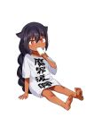  1girl arm_support barefoot black_hair braid collarbone dark-skinned_female dark_skin eating fangs food food_in_mouth jahy jahy_sama_wa_kujikenai konbu_wakame long_hair looking_at_viewer open_mouth popsicle red_eyes shirt short_sleeves single_braid sitting solo translation_request white_shirt 