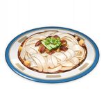  artist_request celery commentary english_commentary food food_focus genshin_impact lowres meat no_humans noodles official_art plate still_life third-party_source transparent_background 