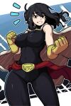  1girl :d bangs belt black_bodysuit black_eyes black_hair bodysuit boku_no_hero_academia breasts cape clenched_hands gloves highres large_breasts long_hair looking_at_viewer masgamjya mole mole_under_mouth muscular muscular_female open_mouth shimura_nana sleeveless_bodysuit smile solo standing superhero teeth tied_hair white_cape yellow_gloves 