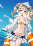  1girl absurdres bangs barbara_(genshin_impact) blonde_hair blue_eyes bow breasts clouds detached_sleeves dmhunsu10 genshin_impact highres looking_at_viewer ocean open_mouth sky smile solo swimsuit thighs twintails 