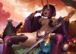  1girl absurdres autumn bob_cut breasts eyeliner fate/grand_order fate_(series) gourd headpiece highres horns ihavetwoooo japanese_clothes kimono makeup medium_breasts navel oni oni_horns open_clothes open_kimono outdoors purple_hair purple_kimono revealing_clothes short_eyebrows short_hair shuten_douji_(fate) sitting skin-covered_horns solo spread_legs sword torii tree violet_eyes weapon 