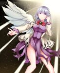  1girl absurdres angel_wings bare_legs beige_jacket bow bowtie braid breasts dress emerald_(gemstone) expressionless eyebrows_visible_through_hair feathered_wings french_braid hair_between_eyes highres impossible_clothes kishin_sagume koizumo large_breasts long_sleeves looking_to_the_side purple_dress red_neckwear short_hair silver_hair single_wing solo thighs touhou violet_eyes wings 