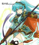  1girl aqua_eyes aqua_hair armor bangs belt breastplate brown_gloves cape cosplay eirika_(fire_emblem) ephraim_(fire_emblem) ephraim_(fire_emblem)_(cosplay) eyebrows_visible_through_hair fire_emblem fire_emblem:_the_sacred_stones fire_emblem_heroes gloves holding holding_lance holding_polearm holding_weapon lance long_hair looking_at_viewer official_alternate_costume polearm ponytail shoulder_armor sidelocks skirt solo thigh-highs twitter_username very_long_hair weapon white_background yukia_(firstaid0) 