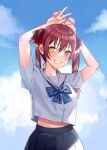  1girl arms_up bangs black_skirt blue_bow blue_sky bow clouds commentary_request day eyebrows_visible_through_hair grin hair_between_eyes hair_ribbon heterochromia hololive houshou_marine long_hair looking_at_viewer midriff_peek minatoasu outdoors pleated_skirt red_eyes red_ribbon redhead ribbon sailor_collar school_uniform serafuku shirt short_sleeves skirt sky smile solo summer twintails virtual_youtuber w white_sailor_collar white_shirt yellow_eyes 