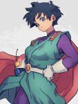  1girl black_hair blue_eyes bodysuit cape closed_mouth dragon_ball dragon_ball_z gloves grey_background helmet holding holding_helmet kemachiku long_hair looking_at_viewer purple_bodysuit red_cape short_hair solo videl white_gloves 