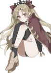  1girl asymmetrical_legwear asymmetrical_sleeves black_panties black_sleeves blonde_hair blush bow cape closed_mouth diadem earrings ereshkigal_(fate) eyebrows_visible_through_hair fate/grand_order fate_(series) floating_hair hair_between_eyes hair_bow hair_intakes hugging_own_legs jewelry long_hair nail_polish oshage_(user_kpsn5534) panties red_bow red_cape red_eyes red_nails shiny shiny_hair simple_background single_sleeve solo underwear very_long_hair white_background 