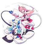  2girls :d bangs bare_shoulders black_gloves blue_eyes food food_in_mouth full_body gloves hair_between_eyes hair_ornament holding holding_pillow honkai_(series) honkai_impact_3rd horns liliya_olenyeva long_hair looking_at_another mango_cat multiple_girls open_mouth pillow pink_hair popsicle rozaliya_olenyeva seiza shoe_soles siblings single_horn sitting smile tail thick_eyebrows thigh-highs twins v-shaped_eyebrows white_background white_legwear 