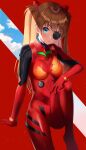  1girl bangs blue_eyes blush bodysuit breasts brown_hair closed_mouth clouds commentary eyebrows_visible_through_hair eyepatch hair_between_eyes hand_on_own_knee highres knee_up kubong long_hair looking_at_viewer neon_genesis_evangelion plugsuit red_bodysuit sitting small_breasts solo souryuu_asuka_langley two_side_up very_long_hair 