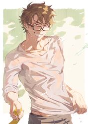  1boy absurdres ace_of_diamond brown_eyes brown_hair glasses highres holding holding_hose hose male_focus miyuki_kazuya sato_(sato_1_11) shirt short_hair sideburns smile solo teeth upper_body wet wet_clothes wet_face wet_hair white_shirt 