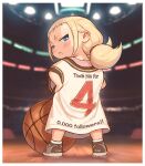 1girl :&lt; basketball blonde_hair blue_eyes border brown_footwear child commentary_request english_text from_behind kozato_(yu_kozato) layered_shirt looking_at_viewer low_twintails original oversized_clothes pink_shirt shirt shoes short_sleeves short_twintails solo stage twintails white_border white_shirt 