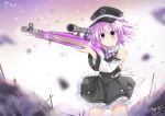  1girl bangs binato_lulu blush eyebrows_visible_through_hair gun hair_between_eyes hair_flaps hair_ornament holding holding_gun holding_weapon neptune_(neptune_series) neptune_(series) purple_hair serious short_hair sidelocks simple_background solo violet_eyes weapon 