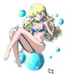  1girl absurdres alternate_costume atago_(kancolle) bikini blonde_hair blue_bikini breasts front-tie_bikini front-tie_top full_body green_eyes highres hime_(himesama_2c) kantai_collection large_breasts long_hair side-tie_bikini smile solo swimsuit 