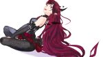  1girl black_hair blue_eyes butterfly_sitting detached_wings hands_on_feet heterochromia holding_own_foot hololive hololive_english horns irys_(hololive) long_hair looking_at_viewer looking_to_the_side multiple_horns pako redhead single_legging sitting smile solo v_arms very_long_hair virtual_youtuber wings 