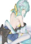  1girl back bangs bikini blush bow breasts dmith dragon_girl dragon_horns fate/grand_order fate_(series) green_hair hair_bow highres horns japanese_clothes kimono kiyohime_(fate) kiyohime_(swimsuit_lancer)_(fate) long_hair long_sleeves looking_at_viewer looking_back medium_breasts multiple_horns obi off_shoulder open_mouth sash sitting smile solo swimsuit thigh-highs wariza white_legwear wide_sleeves yellow_bikini yellow_bow yellow_eyes 