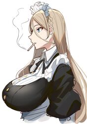  1girl blue_eyes breasts cigarette colombus_(eiyuu_senki) eiyuu_senki hair_between_eyes highres huge_breasts impossible_clothes long_hair maid maid_headdress mouth_hold nishitaka profile simple_background sketch smoking solo upper_body white_background 