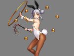  1girl animal_ears armlet bangle bare_back bare_shoulders blush bracelet breasts commentary_request detached_collar double_bun eiyuu_senki eiyuu_senki_ww eyebrows_visible_through_hair fake_animal_ears fake_tail feet_out_of_frame floating floating_object grey_hair hairband jewelry jiang_ziya_(eiyuu_senki) leotard long_hair medium_breasts open_mouth oyari_ashito pantyhose playboy_bunny rabbit_ears rabbit_tail ring sideboob sidelocks simple_background skindentation smile solo strapless strapless_leotard tail whip white_leotard wrist_cuffs yellow_eyes 