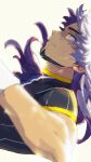  1boy bangs blurry champion_uniform closed_mouth commentary_request dark-skinned_male dark_skin eyelashes facial_hair highres leon_(pokemon) long_hair male_focus mobuchin pokemon pokemon_(game) pokemon_swsh purple_hair shirt short_sleeves smile solo white_wristband yellow_eyes 