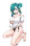  1girl aqua_hair arm_under_breasts artist_name bandaid bandaid_on_face bare_shoulders barefoot black_panties blue_eyes breasts bulma collarbone covered_nipples dragon_ball dragon_ball_(classic) earrings eyebrows_visible_through_hair full_body hair_between_eyes jewelry large_breasts long_hair off-shoulder_shirt off_shoulder one_side_up open_mouth panties relaxjon shirt short_sleeves simple_background sitting solo tongue tongue_out underwear white_background white_shirt 