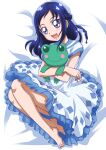  1girl :d barefoot blue_eyes blue_hair blue_sailor_collar braid dokidoki!_precure dress from_above full_body hanzou highres hishikawa_rikka long_hair lying on_side open_mouth precure sailor_collar sailor_dress shiny shiny_hair smile solo stuffed_animal stuffed_frog stuffed_toy white_dress 