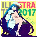  1girl 2017 absurdly_long_hair asymmetrical_footwear bangs black_footwear blue_hair blush green_eyes hat high_heels illustration.media invisible_chair knee_up long_hair looking_at_viewer nobile1031 original pleated_skirt shirt short_sleeves sitting skirt smile solo very_long_hair white_footwear white_headwear white_shirt white_skirt 