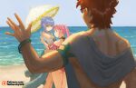  1girl 2boys armband ass bare_legs beach bikini blue_bikini blue_hair blue_sky bracelet braid breasts brown_eyes closed_mouth commentary crown_braid day detached_sleeves english_commentary eyewear_on_head feet_out_of_frame fire_emblem fire_emblem:_three_houses fire_emblem_heroes from_behind frown glaring green_little hilda_valentine_goneril holding holding_umbrella jewelry long_hair looking_at_another looking_back marianne_von_edmund medium_breasts medium_hair multiple_boys ocean official_alternate_costume orange_hair outdoors parasol patreon_logo patreon_username pink_bikini pink_eyes pink_hair sarong scowl see-through_sleeves shaded_face short_hair sidelocks sky standing sunglasses swimsuit sylvain_jose_gautier thighs twintails umbrella v-shaped_eyebrows watermark waving web_address 