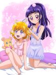  2girls :d ahoge asahina_mirai barefoot bed_sheet black_hairband blonde_hair blue_camisole blue_skirt breasts camisole closed_mouth collarbone covered_nipples hair_brushing hairband hanzou izayoi_liko kneeling long_hair mahou_girls_precure! miniskirt mofurun_(mahou_girls_precure!) multiple_girls open_mouth panties pillow pink_camisole precure purple_hair red_eyes see-through shiny shiny_hair short_hair sitting skirt small_breasts smile stuffed_animal stuffed_toy teddy_bear tied_hair underwear underwear_only very_long_hair violet_eyes white_panties 
