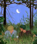  2boys blonde_hair closed_eyes crescent_moon cup drinking_glass facial_hair feleven forest green_hair highres looking_at_another lying moon multiple_boys nature on_back on_stomach one_piece roronoa_zoro sanji short_hair smile tree 