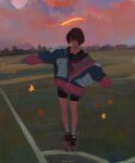  1girl brown_hair building clouds evening field full_body halo highres jacket original outstretched_arms scenery school_uniform serafuku shoes short_hair shorts sky socks solo standing star_(symbol) tree xilmo 