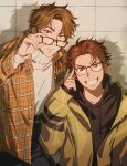  2boys absurdres ace_of_diamond belt black_shirt brown_hair brown_jacket glasses green_jacket highres holding holding_eyewear hood hood_down jacket looking_at_viewer male_focus miyuki_kazuya multiple_boys open_clothes open_jacket pants sato_(sato_1_11) sawamura_eijun shadow shirt short_hair smile teeth white_shirt 